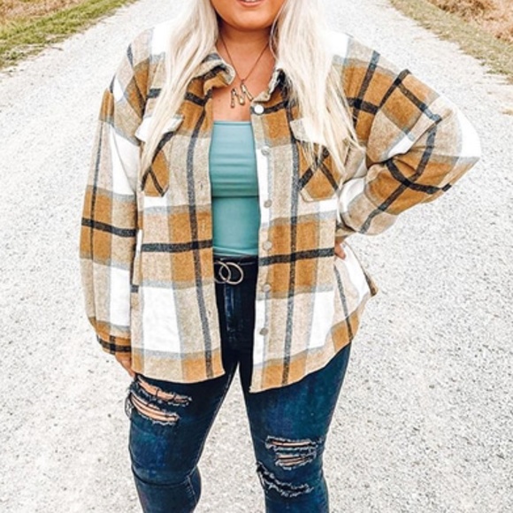 Bellanblue Tops - Plaid Stripe Tan Oversized Flannel Shirt Shacket
